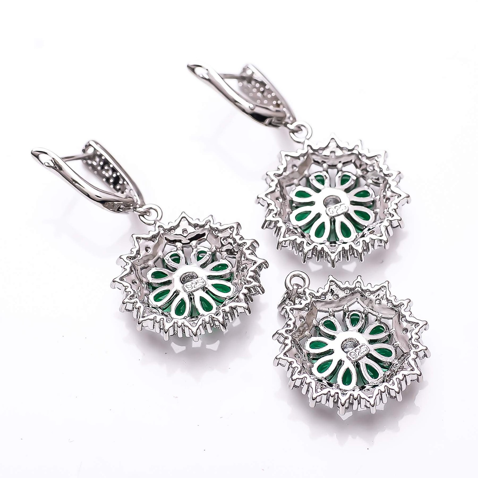 Emerald Simulated & CZ 925 Silver Handmade Flower Pendant Earring Set PS80