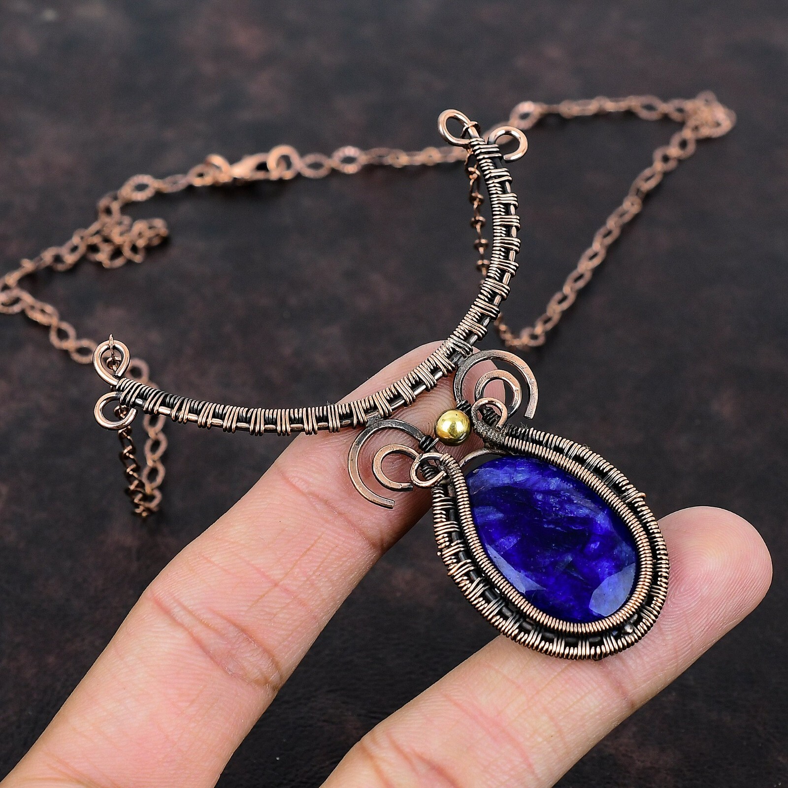 Blue Saphire Wire Wrapped Adjustable Handcrafted Copper Unique Gift 18.0″