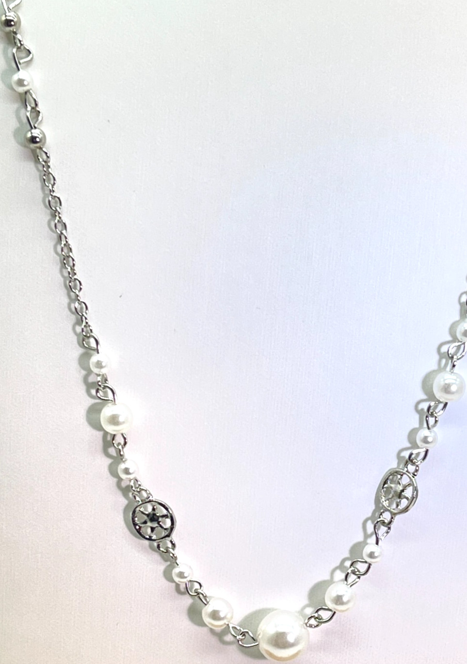 Necklace Silver Tone Spaced White Pearls 38 inches Lightweight