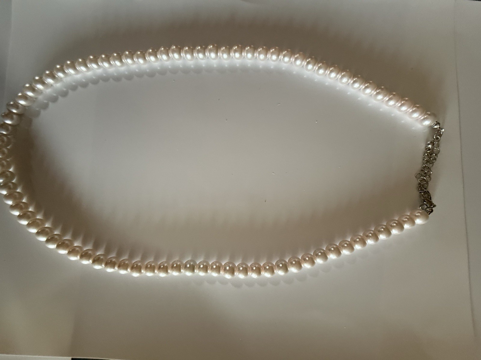 White Round Pearl Beaded Necklace w/ Silver Cable Chain Extender, Lobster
