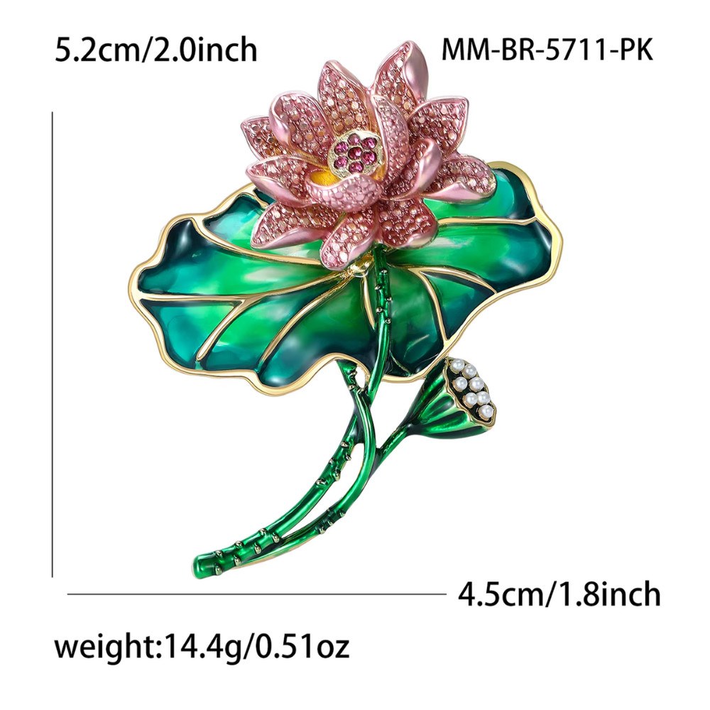 Gold Pink Lotus Flower Brooch Pearl Enamel Rhinestone Pin Summer Jewelry Gift
