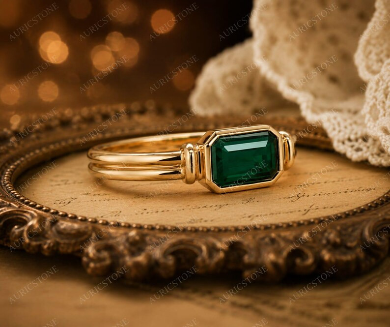 Lab Created Green Emerald Ring, Base Metal: Brass Finish: Gold Plated