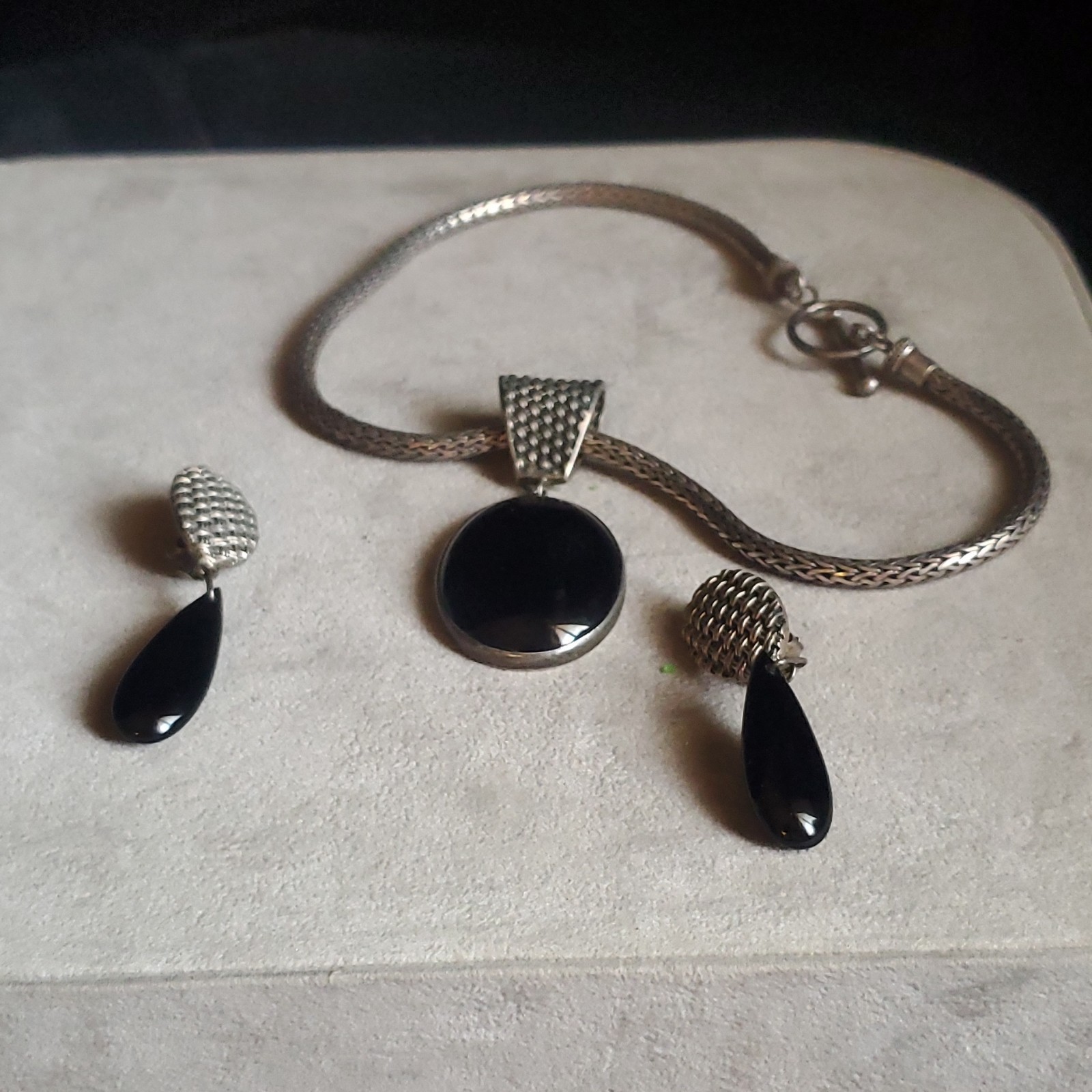925 Sterling Silver Black Onyx Oval Jewelry Set Necklace Pendant & Earrings