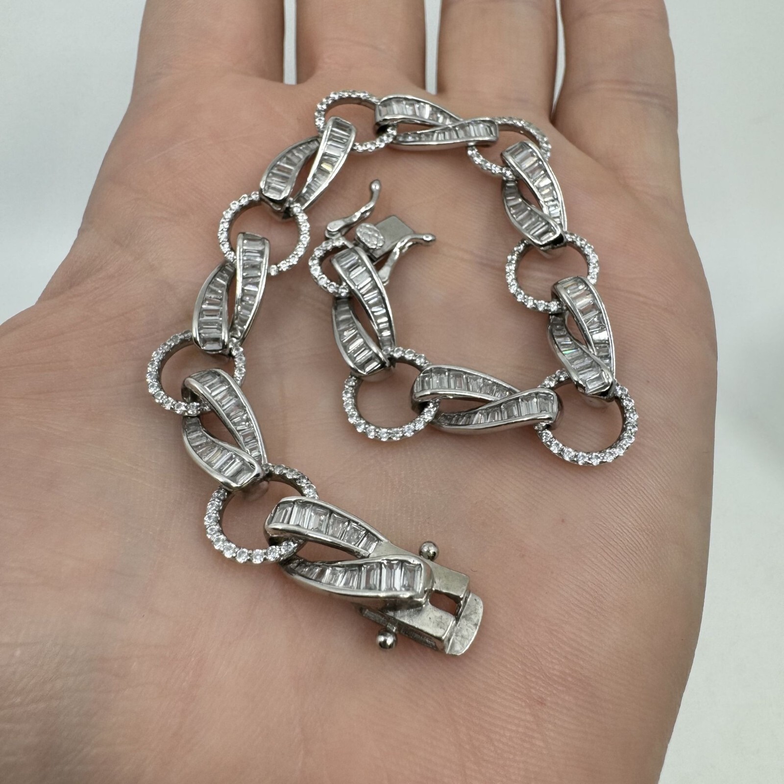 Sterling Silver Baguette & Round Cubic Zirconia Link Tennis Bracelet 7.25″