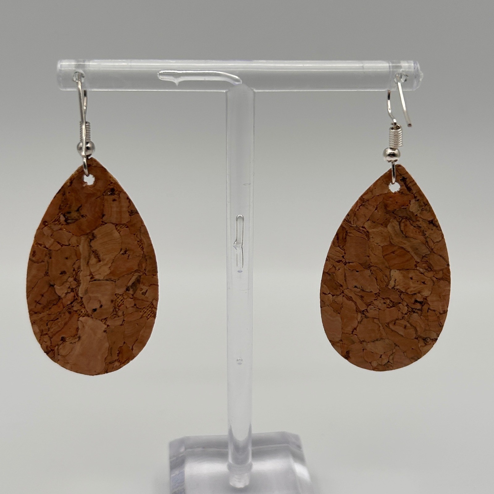 Boho Cork Teardrop Earrings Silver Filigree Layered Patterned Wood Dangle 1.75″