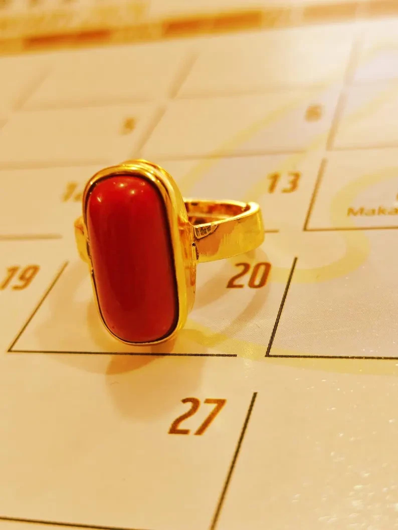 Italian Red Coral Ring, 925 Silver Yellow Gold, Vedic Astrology Capsule Ring