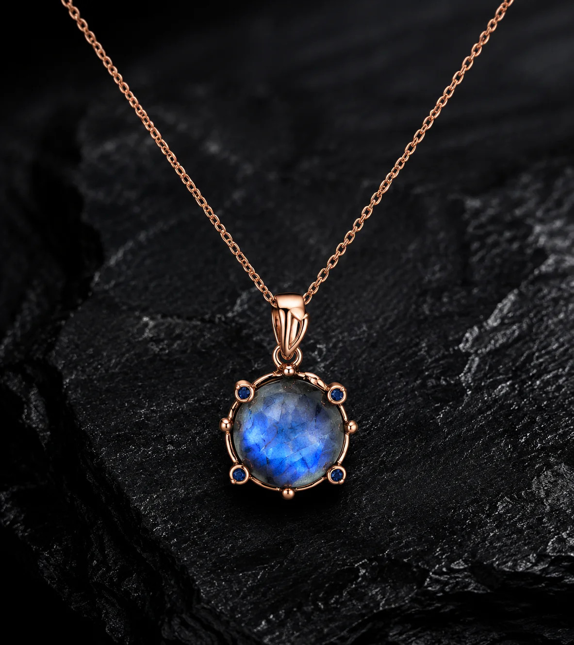 22K Pink Gold Plated Spectrolite & Blue Sapphire Sterling Silver Necklace 16” l