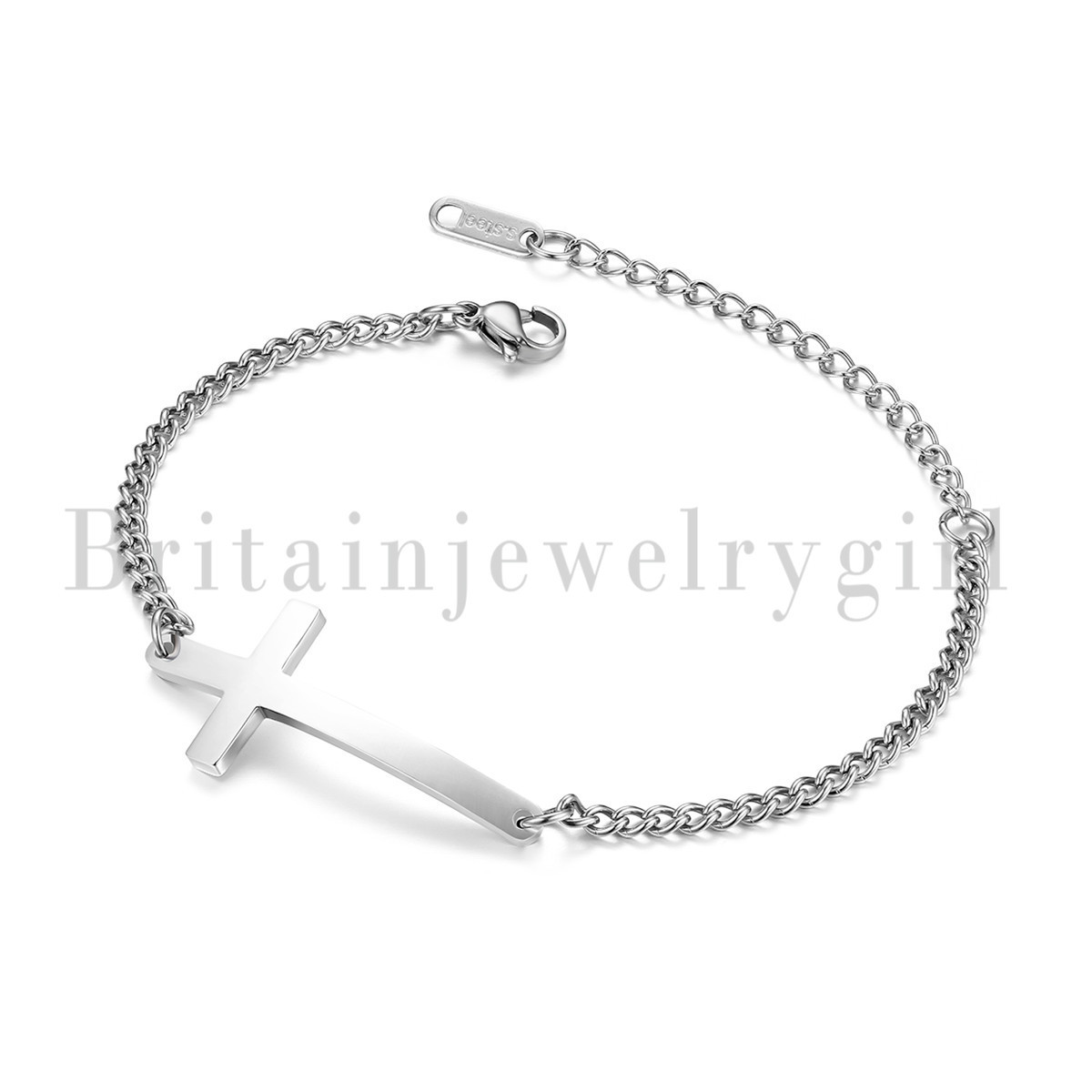 Stainless Steel Polished Cross Chain Cuff Bracelet for Women Girls Fit 6.5″-8.5″