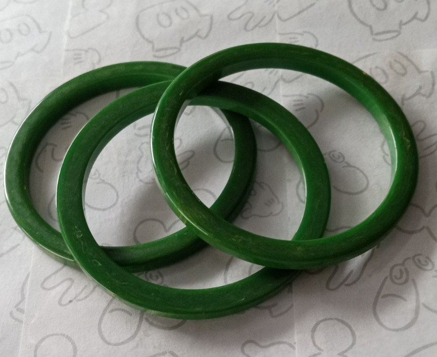 3 Green Marbled Swirled Bangle Bracelets Vintage Flat Edge Round Stackable