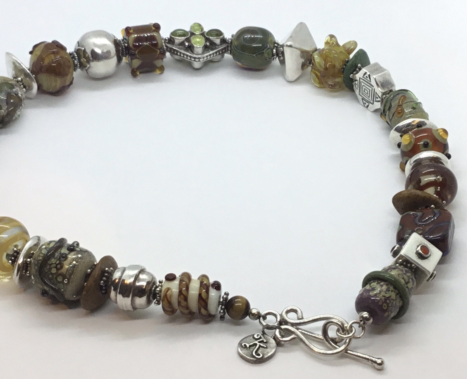 Artisan Necklace, Sterling Clasp, Different Sized Silver & Lampworked Beads, 18”