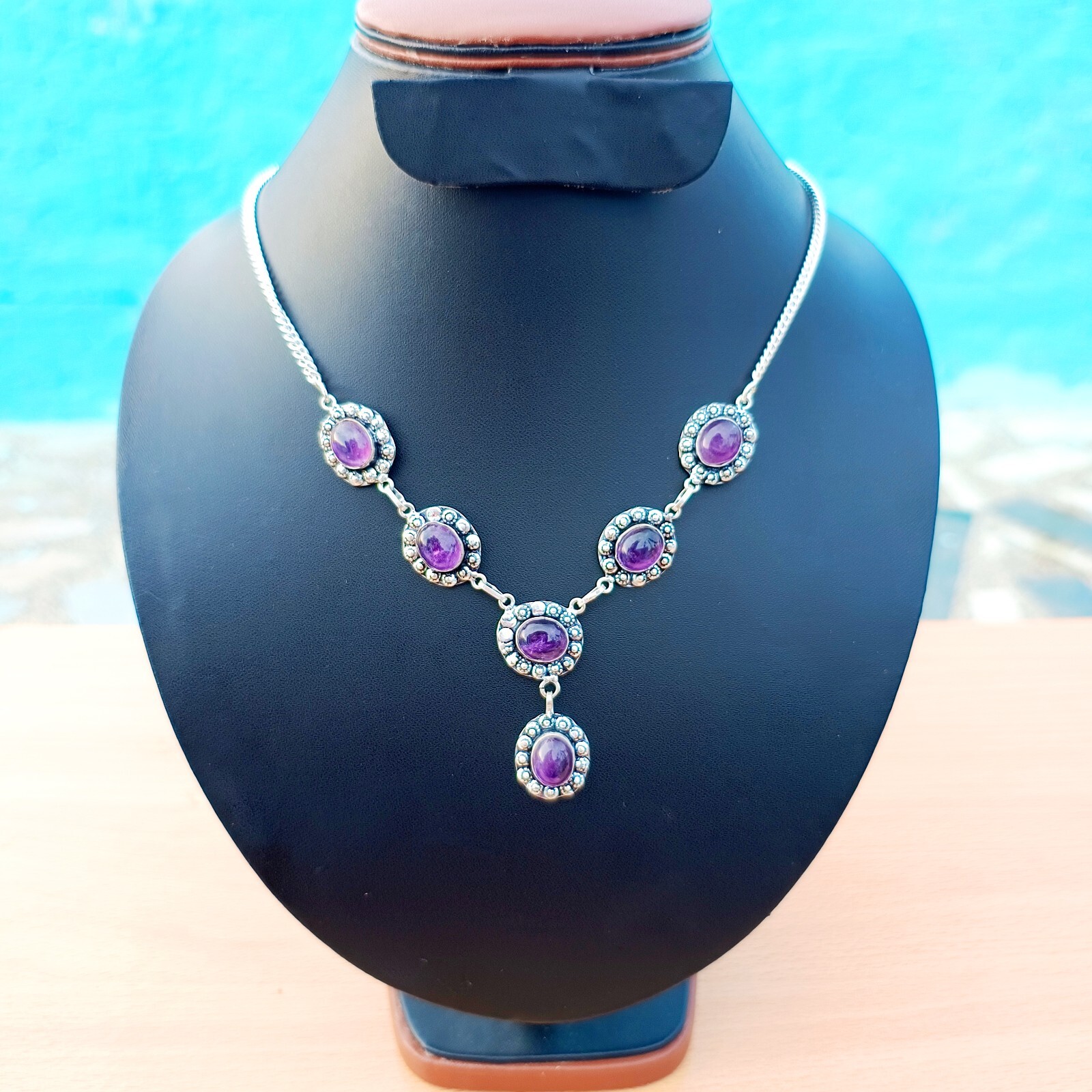 Amethyst Gemstone Necklace 925 Sterling Silver Handmade Birthstone Jewelry 20″