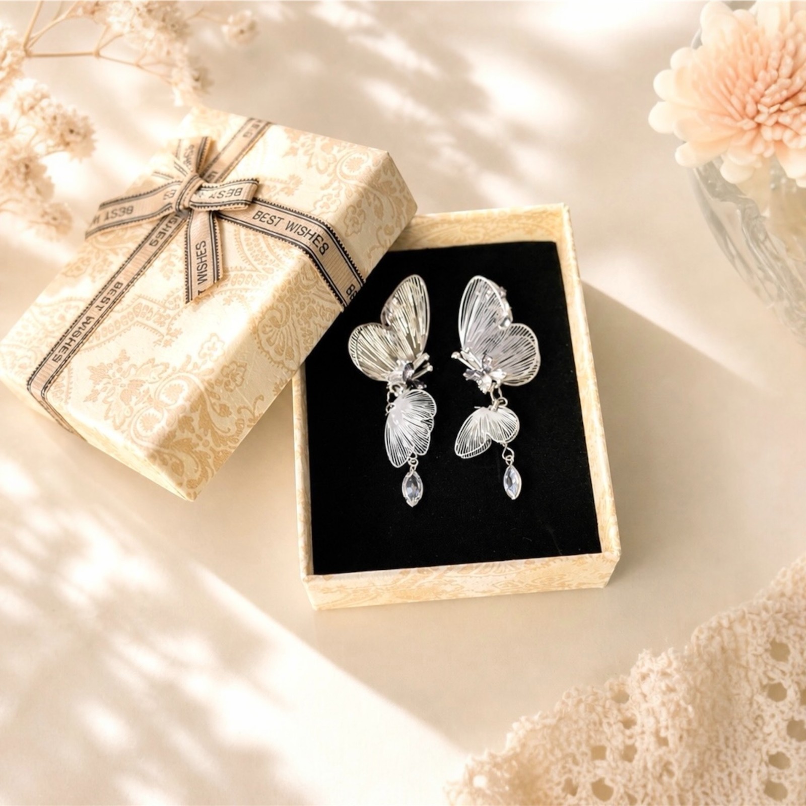 Butterfly Dangle Earrings Silver Elegant Drop Earrings Sparkling Jewelry Gift