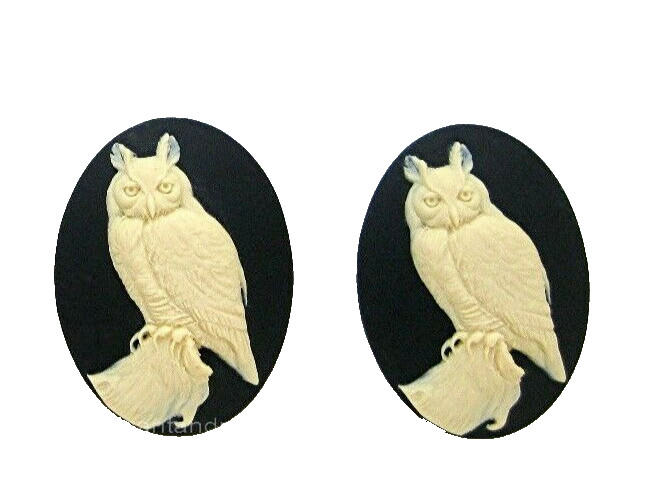 2 Majestic IVORY color HORNED OWL 40mm x 30mm Costume Jewelry CAMEOS for Crafts