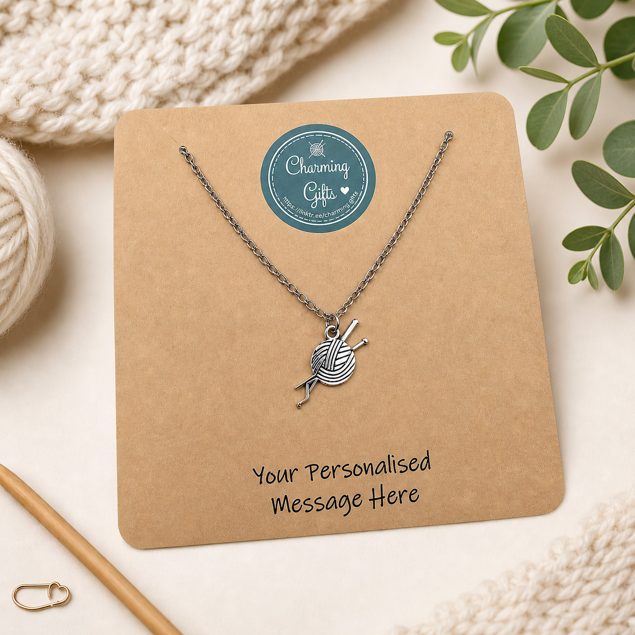 Knitting Necklace – Tibetan Silver Charm on Adjustable Steel Chain