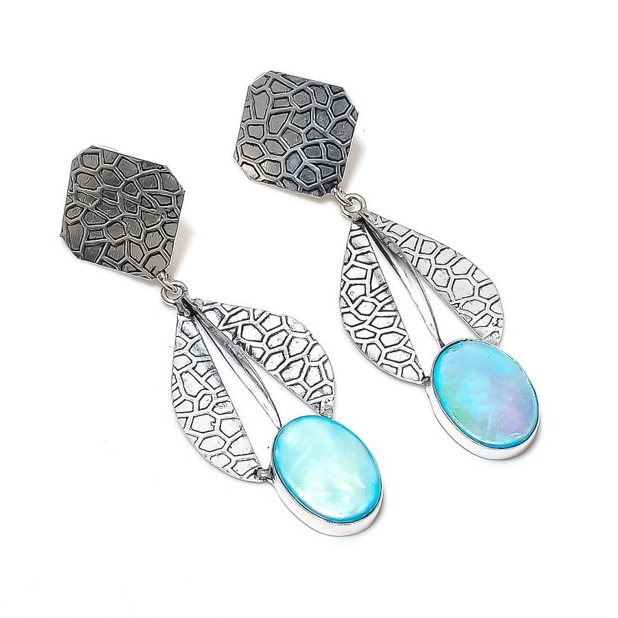 Blue Mother Of Pearl Gemstone Ethnic Drop Dangle Jewelry Earrings 2.80″ MXE 5072