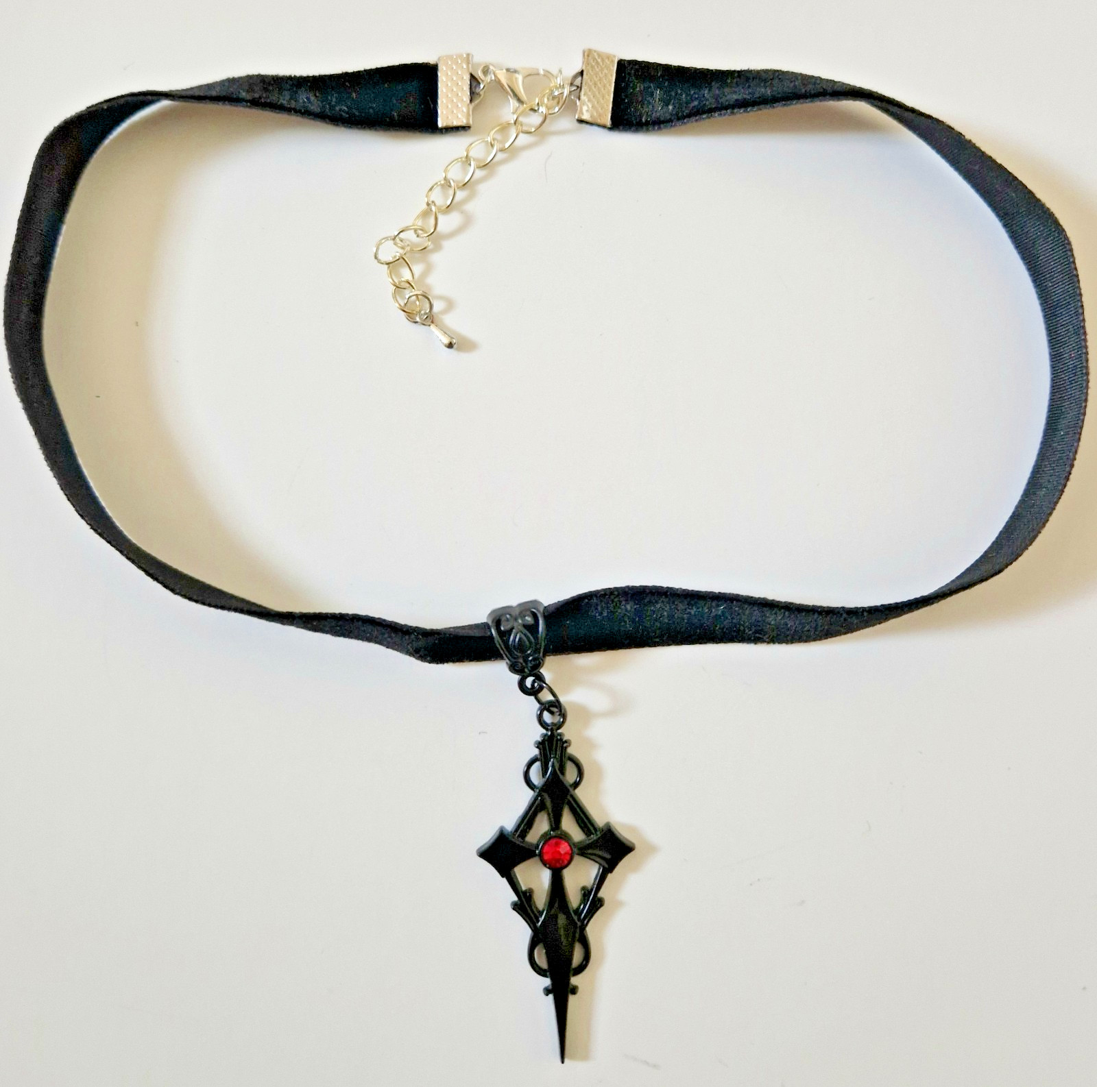 Handmade 14 inch velvet choker with black ornate cross with red gemstone, Goth