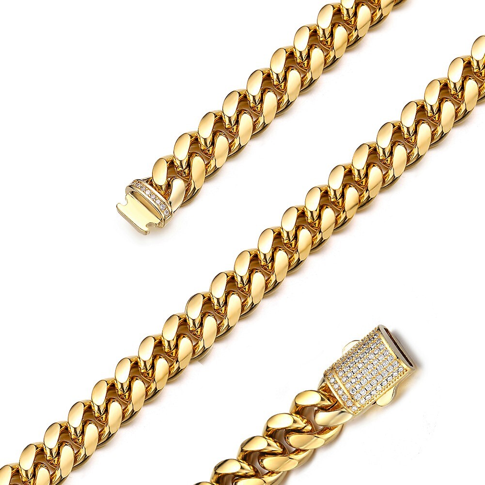 6/10/14mm Wide Men Women Miami Cuban Link Chain Necklace with Rhinestone Buckle