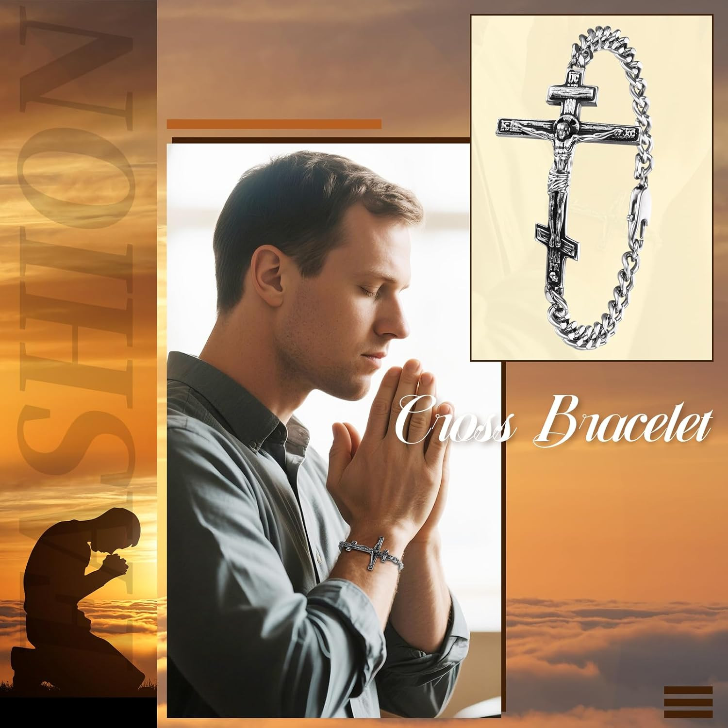 Orthodox Crucifix Cross Bracelet for Men: Stainless Steel Religious Jesus Cru…