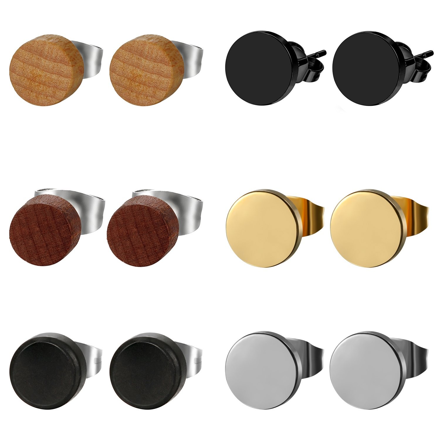 6 Pairs 8MM Stainless Steel Wood Stud Earrings Men, Pierced 6 pair wood-stud