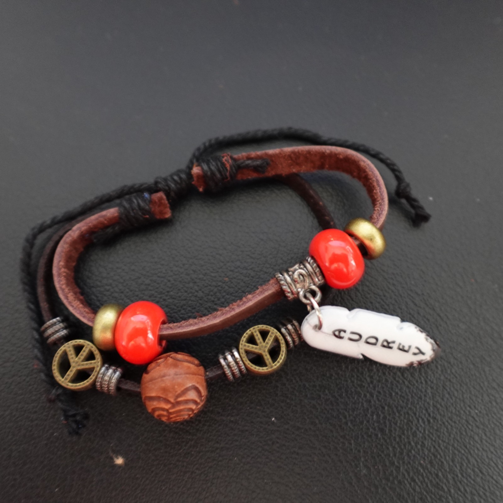 Audrey Personalized Boho Bracelet Leather Stacked Hippie Indie Name Red Beads