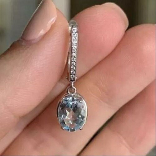 2.50Ct Oval Cut Lab Created Aquamarine Drop/Dangle Earrings 14K White Gold Over
