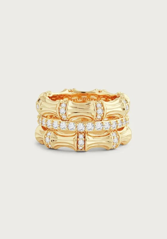 NWT Anabel Aram Bamboo Stack 18K Gold Plated Brass Ring Cubic Zirconia Stones