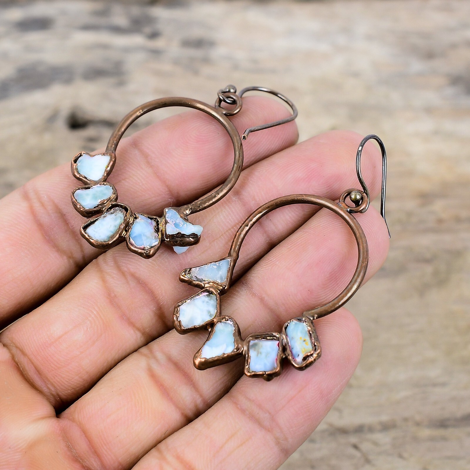 Copper Larimar Rough Gemstone Dangle Drop Electroformed Elegant Earrings Jewelry
