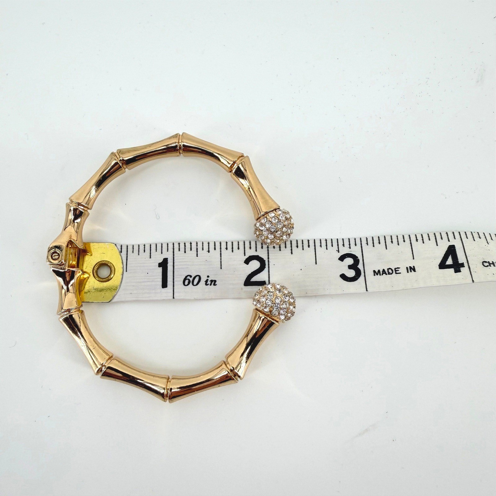 Gold Bamboo Hinged Cuff Bracelet Rhinestone Orb Bypass Bangle Statement Jewelry