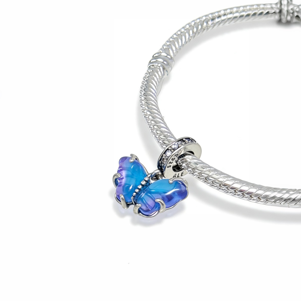 Pandora Blue Murano Glass Butterfly Dangle Charm Sterling Silver CZ #792698C01
