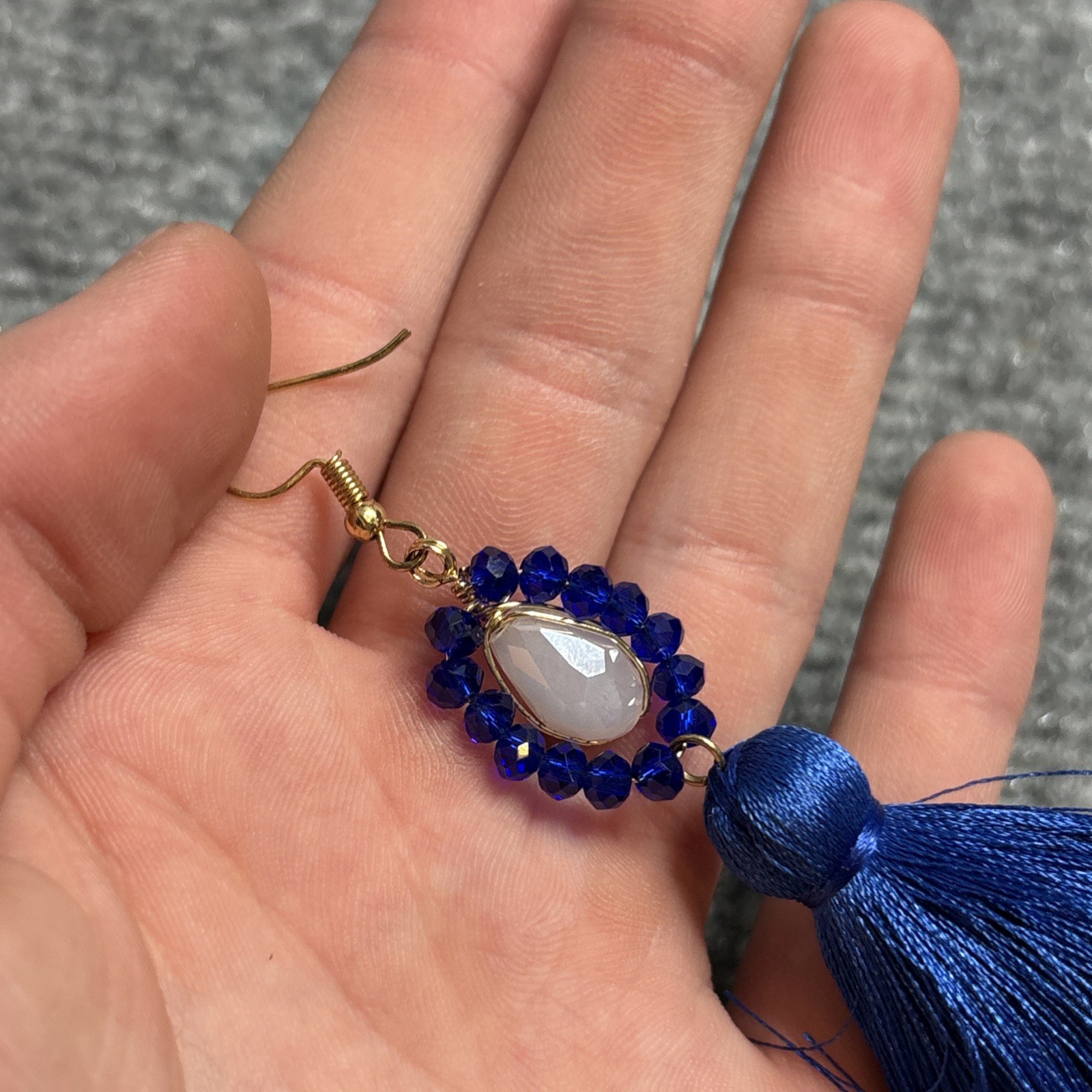 Blue Tassel Drop Earrings 4.5” Dark Navy Alloy White Stone Dangle Women