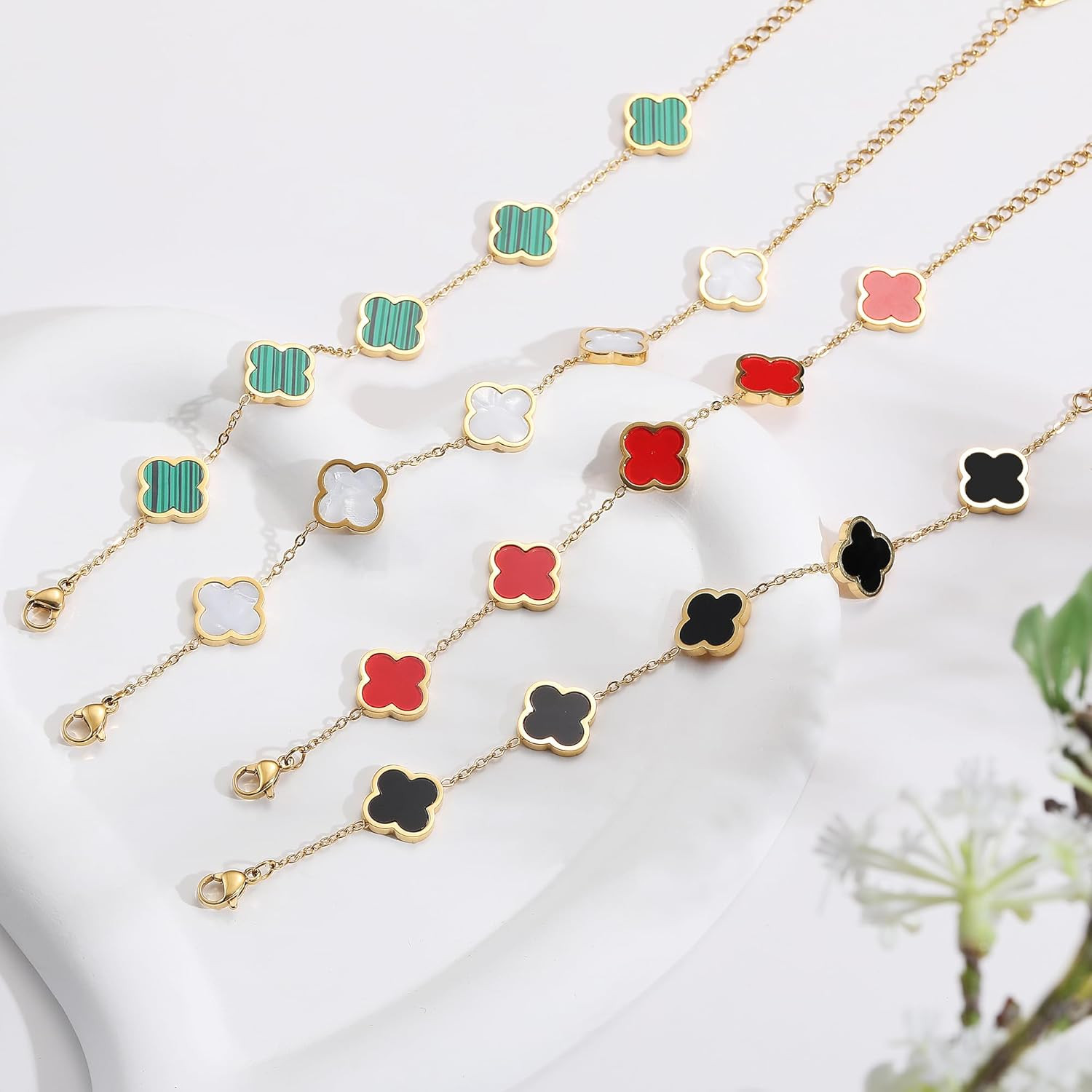 18K Gold Plated Clover Lucky Bracelet for Women White/Black/Red/Green Flower Fou