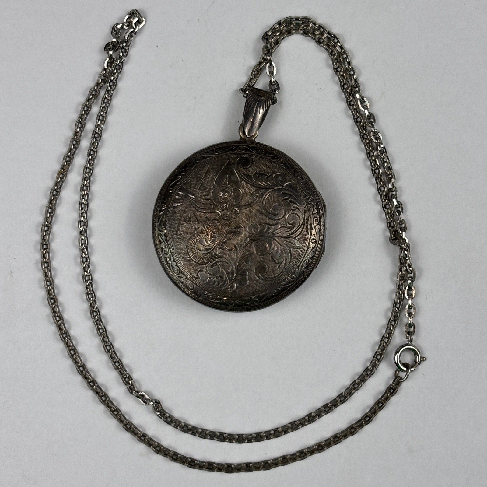 Antiq Large Round Locket Ornate Hand Engraved Scrollwork S Mark