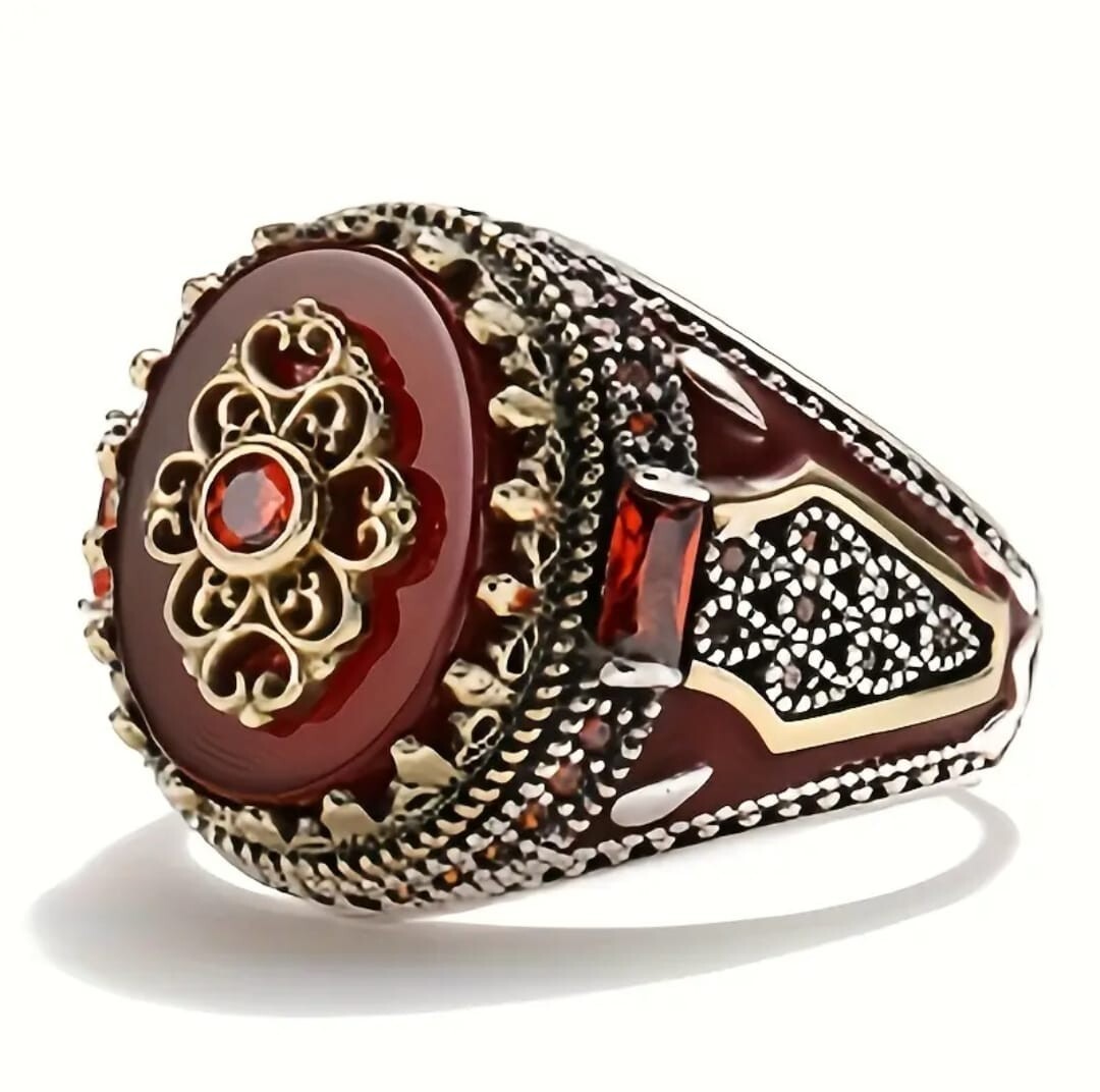 1pc Vintage Silvery Crown Men’s Ring, Engraved Eagle Print Red Synthetic Gemston