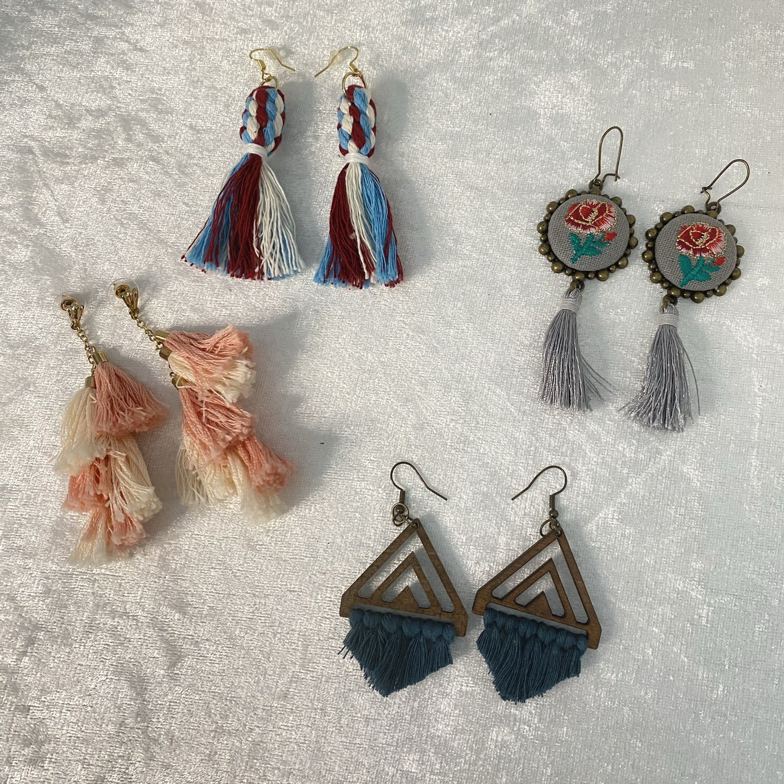 Tassel Earrings Macrame Triangle Wood Pink Gold Tone Floral Cross Stitch Patriot