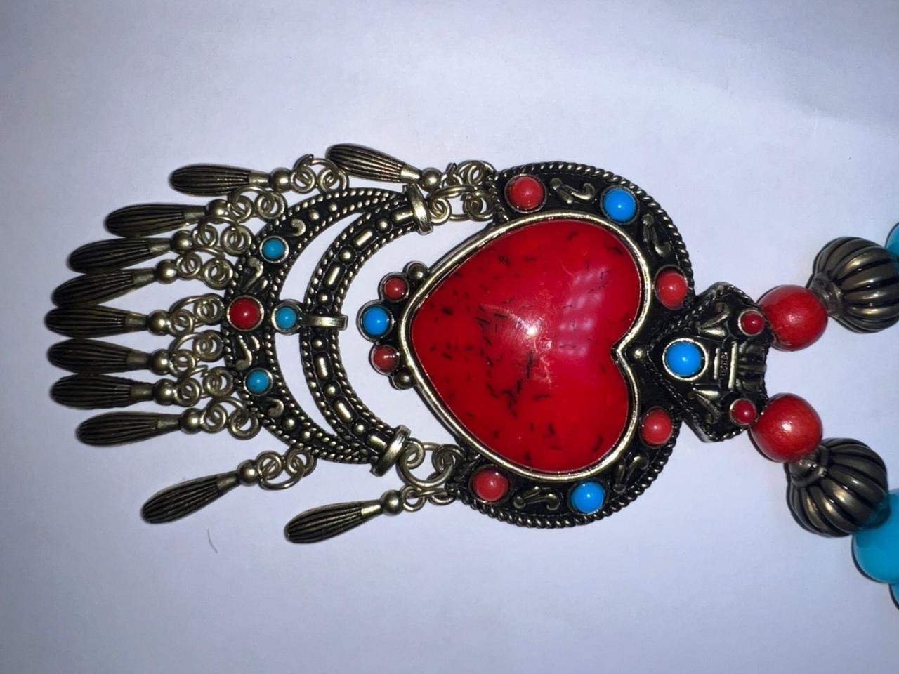 Vintage Tibetan Style Boho Statement Necklace Red Heart Pendant Ethnic Jewelry