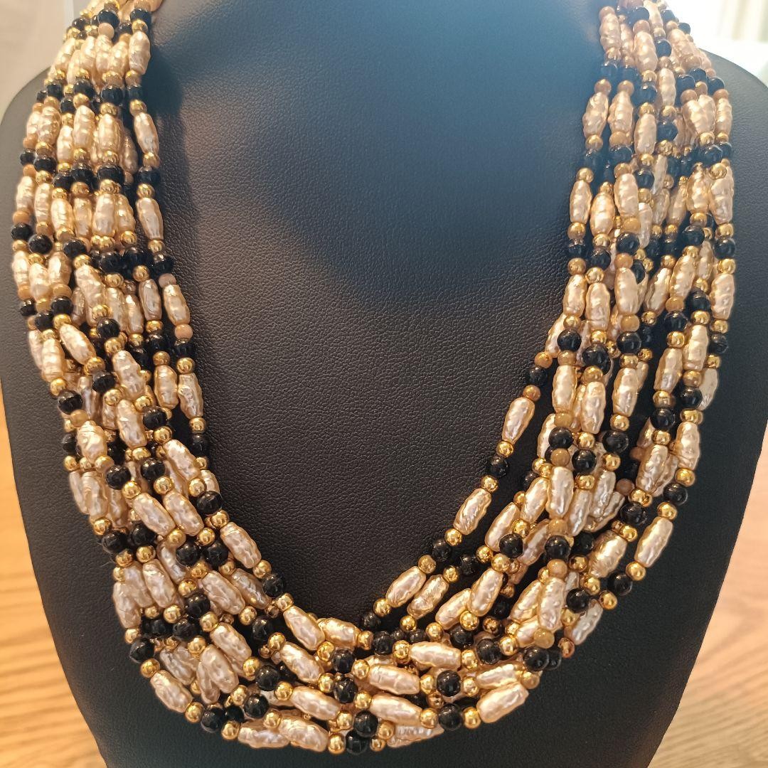 CELINE 12-strand Beaded Necklace Gold White Black Length: 18.1 in.Vintage