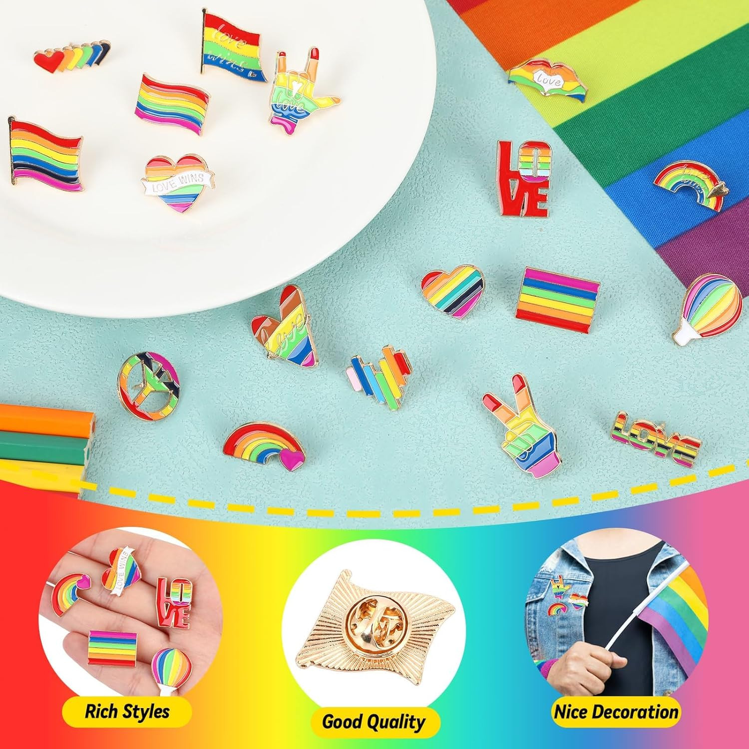 60Pcs Pride Pins, Rainbow Pins Bulk Enamel LGBTQ Lapel Pin Gay Pride Heart Flag