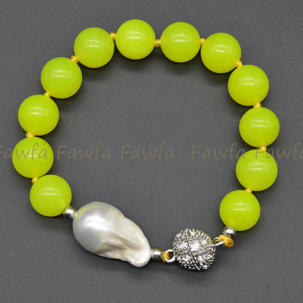 Natural 6-12mm Lemon Yellow Jade Gems White Keshi Baroque Pearl Bracelet 7.5″