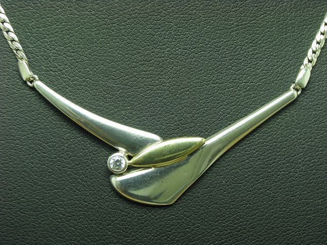 925 Sterling Silver Necklace With Set Zircons / Partly Gold / 42.5cm
