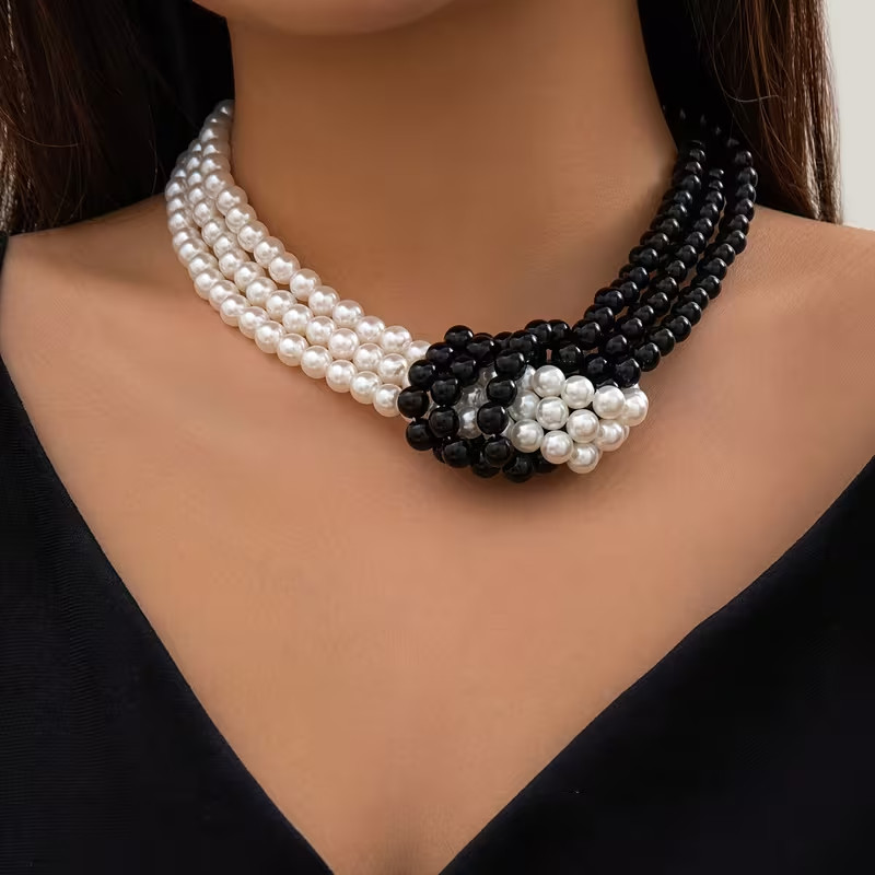 40-Y24 New Necklace Fashion Multi-Layer Knotted Faux Pearl Beads Black & White