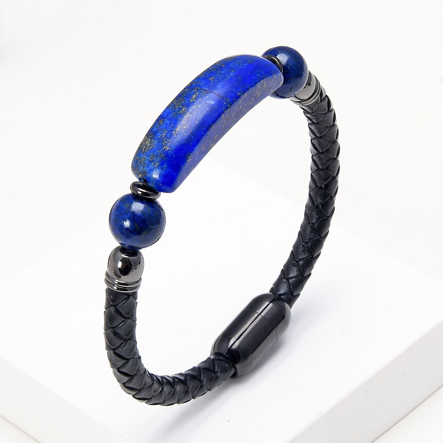 Women’s Stone Bead Leather Bracelet Stainless Steel Buckle Jewelry