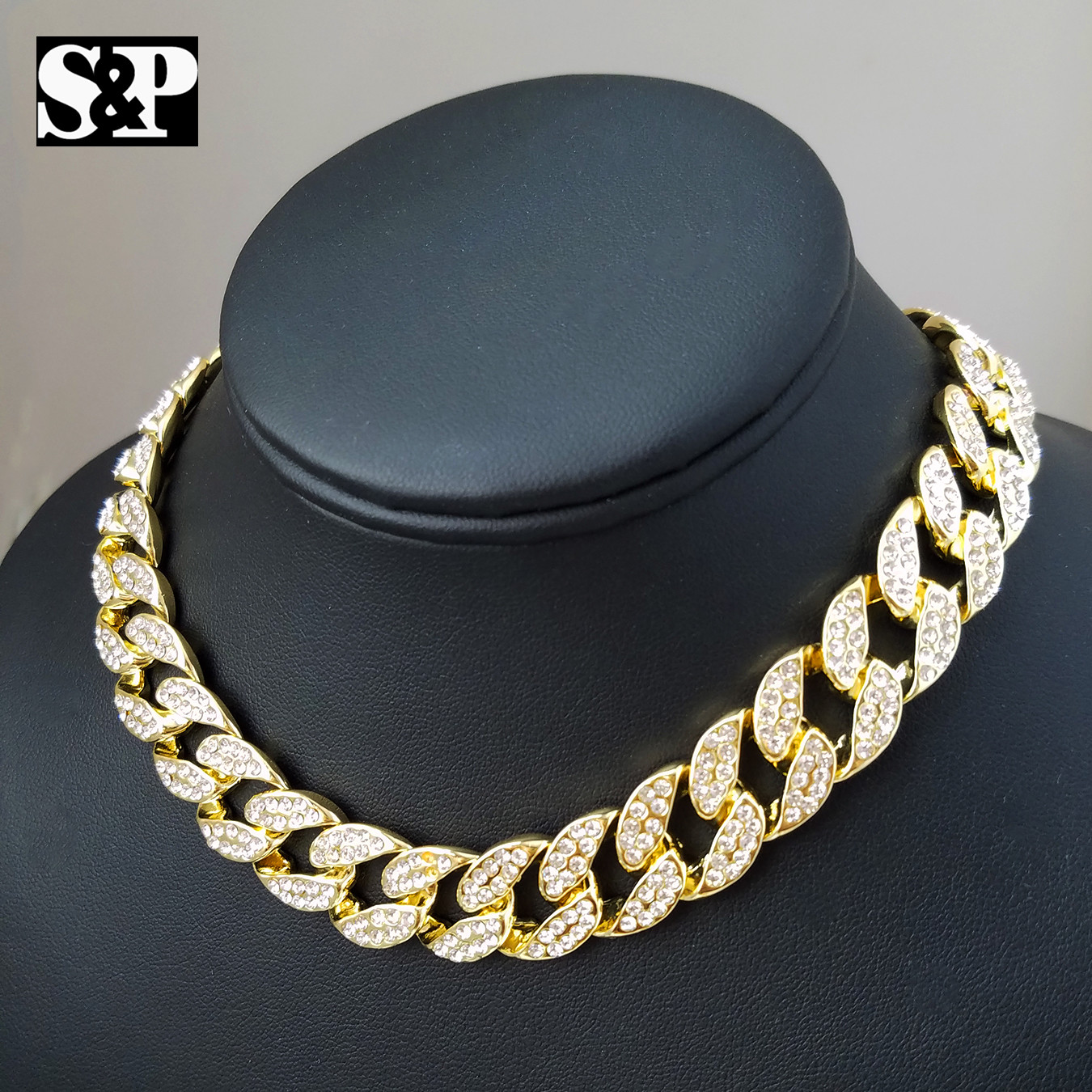 Hip Hop Iced Gold PT 18″ Cuban & Flower & 1 Row Tennis Choker Chain Necklace