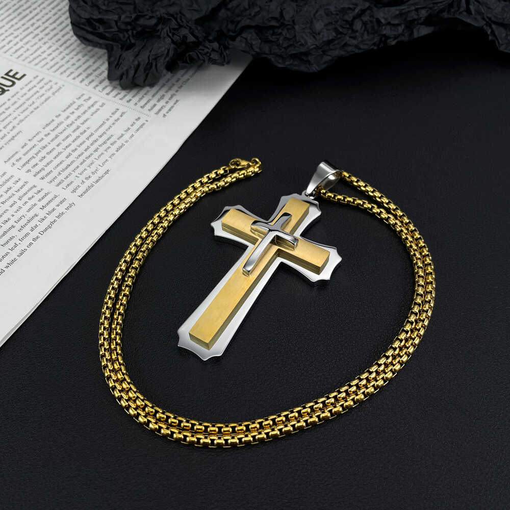 Large 52*84mm Simple Cross Pendant Charm Stainless Steel Rolo Chain Necklace 30′
