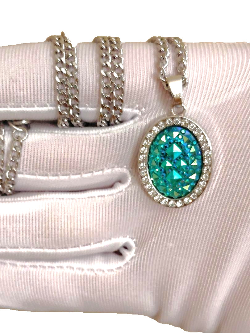 Turquoise Resin Druzy Pendant in Stainless-Steel 13x18mm With Rhinestone Halo
