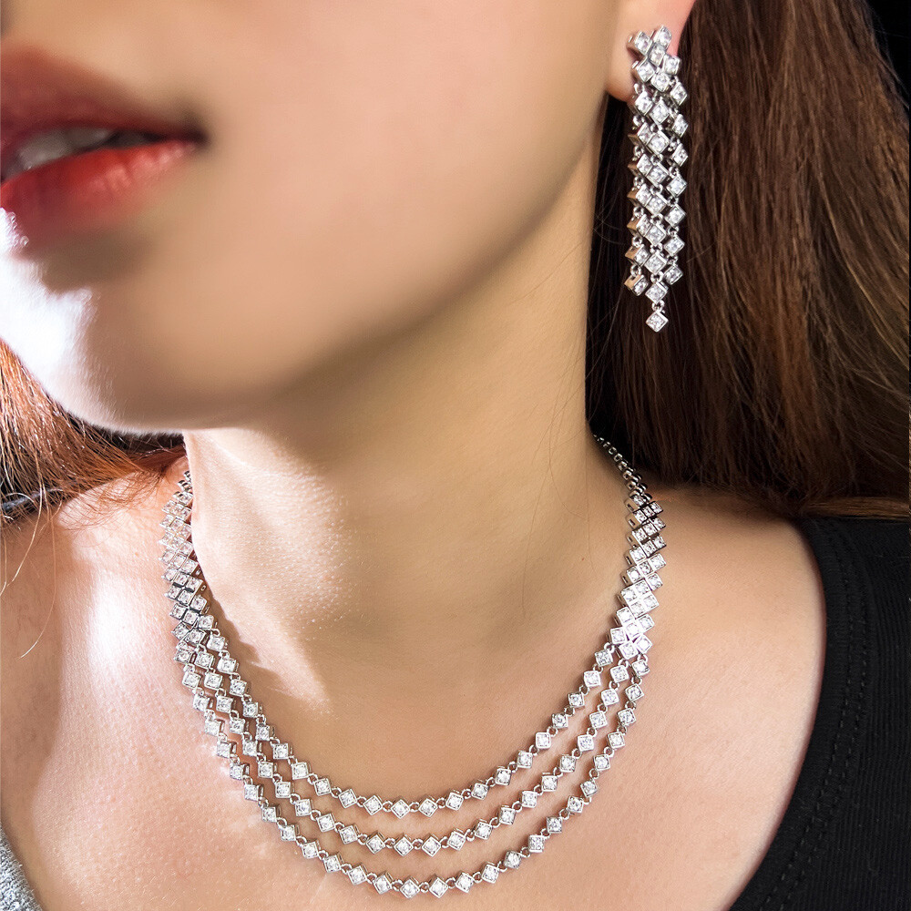 Silver Plated Zircon Multi-layer Necklace Long Tassel Earrings Women Jewelry Set