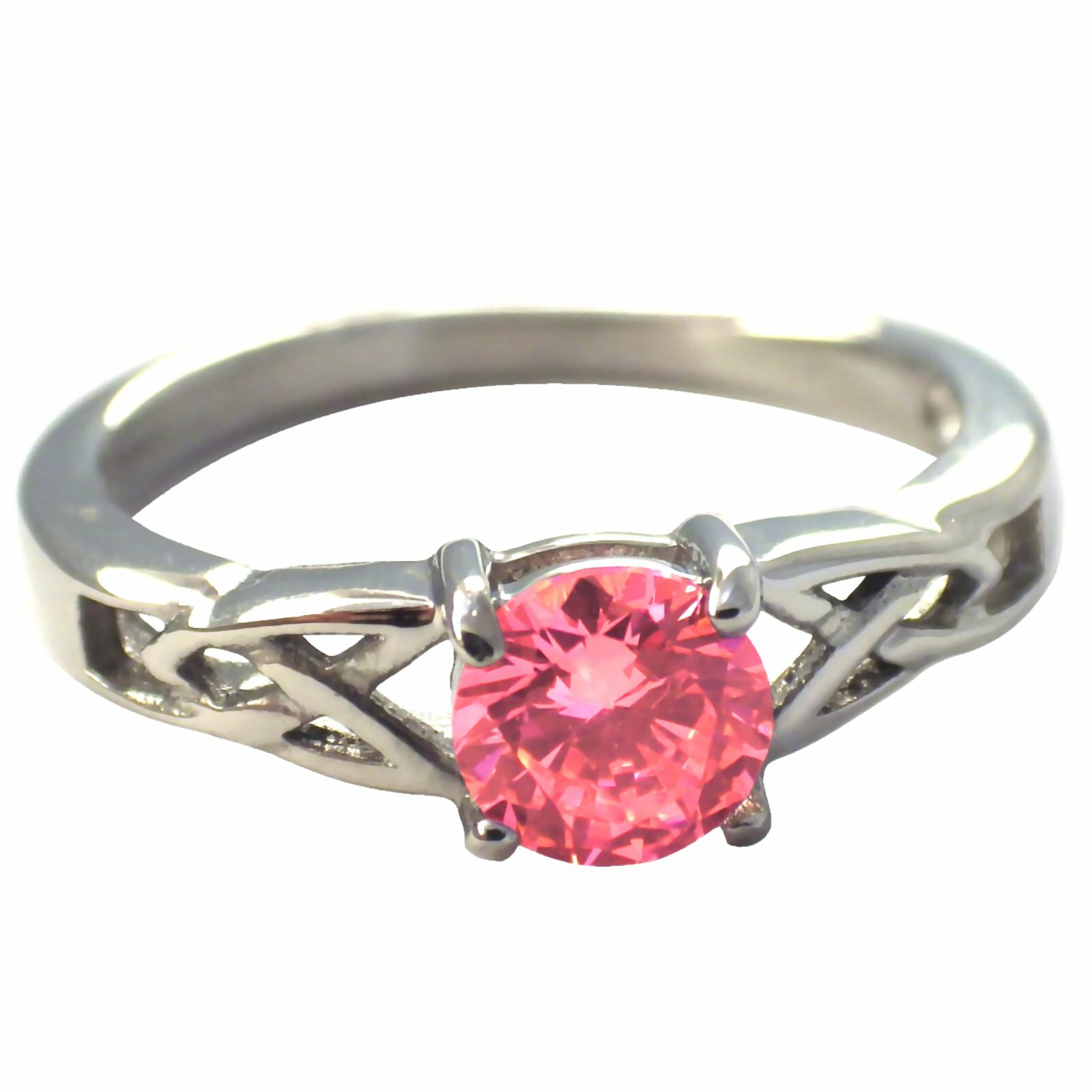 Celtic October Birthstone Ring Pink Cubic Zirconia Stainless Steel Band Sz 5-11