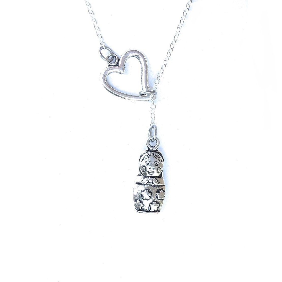 Russian Matryoshka Doll Silver Lariat Y Necklace.