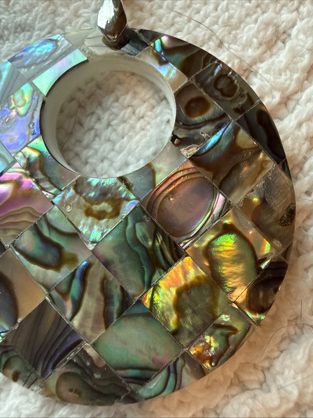 Abalone Shell Tree of Life Pendant Silver Tone Bail Reversible Approx 1.5” Diam