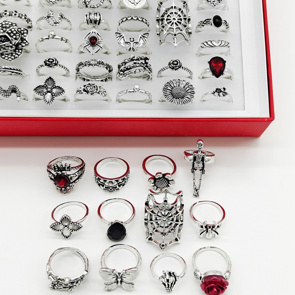 Wholesale 50pcs Mix Punk Gothic Vintage Rings Alloy Plated Silver Skull Ring Lot