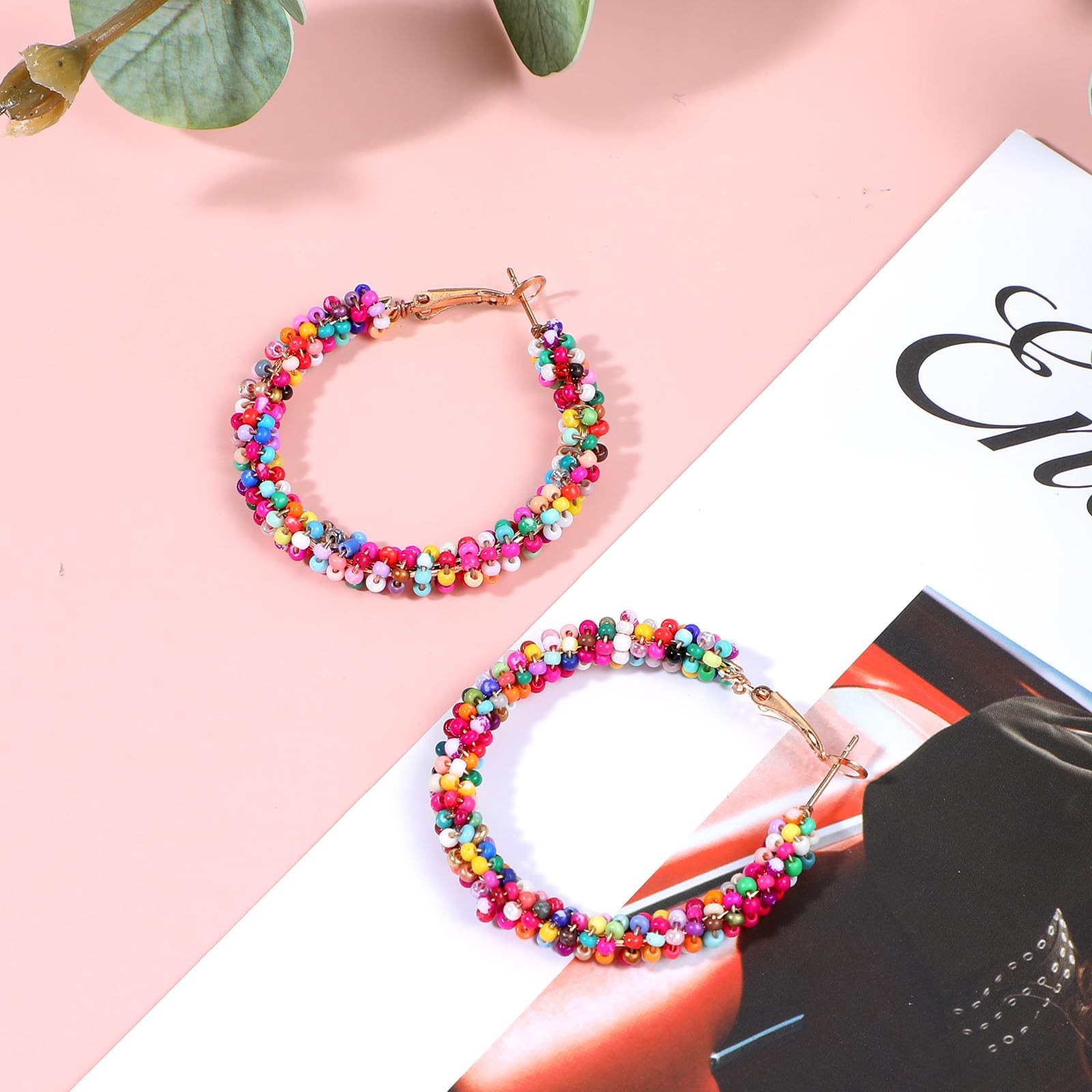 Boho Beaded Earrings for Women, Colorful Floral Hoop Earrings with Rainbow Be…